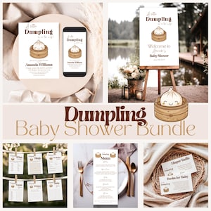 Kleines Dumpling-Babyparty-Einladungs-Bündel, niedliches Geschlecht Neutral Beige Babyparty-Einladungs-Digitale Vorlagen, Kawaii unter dem Thema asiatisches Party-Set