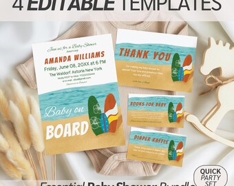 May include: A baby shower bundle featuring four editable templates. The templates include an invitation, thank you card, and cards for books and a diaper raffle. The designs have a beach theme with surfboards and ocean imagery.