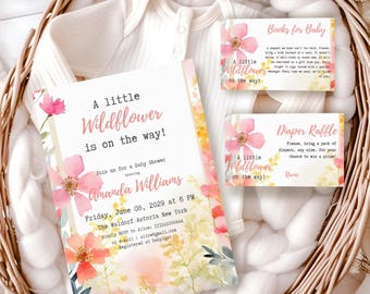 Puede incluir: Un juego de invitaciones para baby shower con temática floral. La invitación y las tarjetas adjuntas presentan flores de acuarela en rosa, amarillo y naranja. El texto "A little Wildflower is on the way!" se muestra de forma destacada. Un body blanco está en el fondo.