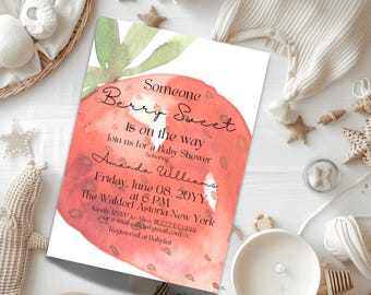 Strawberry Gender Neutral Baby Shower Invitation Digital Canva Template Berry Sweet Party