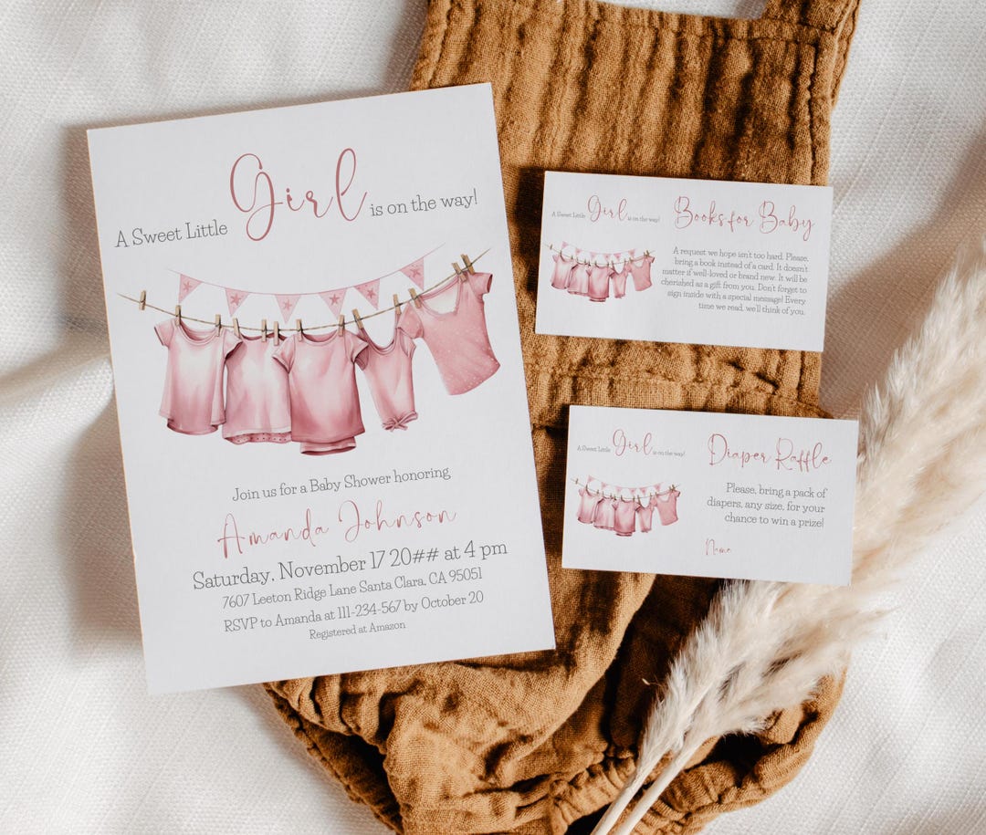 Clothes Line Raffle Boho Pink Clothesline Baby Shower Bundle Invitation Digital, Sweet ...