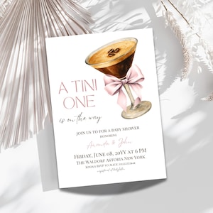 Tiny One Baby Shower Invitation Girl Digital, Coquette Pink Bow Shower Invite Template Espresso Martini Baby is Brewing Coffee Theme Party
