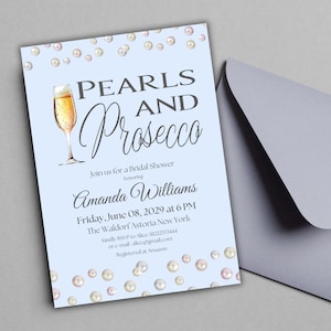 Pearls and Prosecco Blue Bridal Shower Invitation Editable Template Brunch and Bubbly Pearl Bridal Shower Champagne Invite Digital Download
