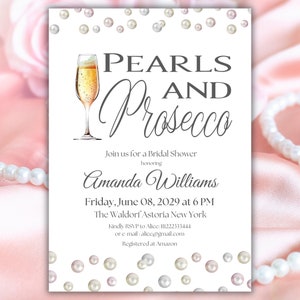 Retro Pearls and Prosecco Bridal Shower Invitation for a Brunch and Bubbly Pearl Themed Party, Wedding Shower Champagne Invite, Digital