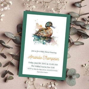 Mallard Duck Baby Shower Invitation Canva Template, Green Baby Shower Invite, Duck Hunting Party Theme Idea, Digital Download