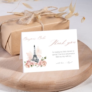 Bonjour Bebe Paris Baby shower floral thème parisien Merci modèle toile, imprimable Blush rose Français Cafe faveur Decor téléchargement numérique