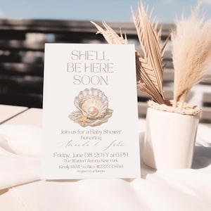 A Little Pearl Baby Shower Invitation Digital Coastal Girl Shower Invite Shell Be Here Soon