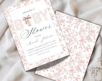 Roze toile-babyshoweruitnodiging, chinoiserie bloemen (sjabloon digitaal canvas)