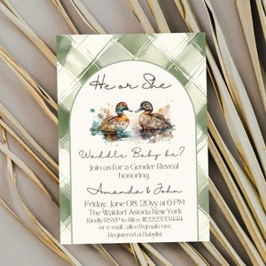 Waddle Baby Be Duck Gender Reveal Invitation Digital He or She Gender Reveal Invite Green Mallard Duck Gender Reveal Party Hunting Invite