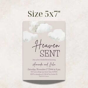 May include: A 5x7 inch invitation card with a light beige background. The card features watercolor clouds and the words "Heaven SENT" in elegant script. Details for a gender reveal event are included.