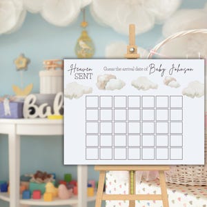Heaven Sent Baby Shower Due Date Game Poster Digital Template, Cloud Nine Sky Theme Arrival Sign, Piece of Heaven Blue Boy Baby Shower Decor