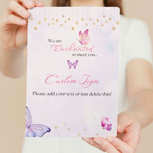 Enchanted To Meet You Baby Shower Custom Sign Canva Template Girl Baby Shower Purple Butterfly Party Theme Decor DIY baby Shower Activity