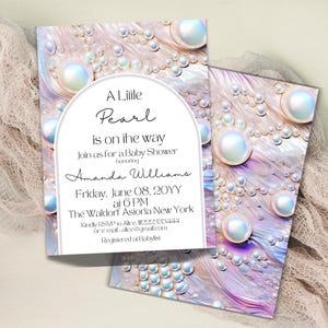 Little Pearl Baby Shower Invitation Girl, Under the Sea Baby Invite Editable Canva Template Pearlcore Themed Baby Shower Digital