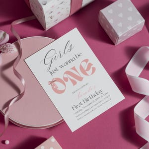Girls Just Wanna be ONE First Birthday Invitation Digital, Watercolor Pink Bow 1st Birthday Invite, Onederful Editable Canva Template