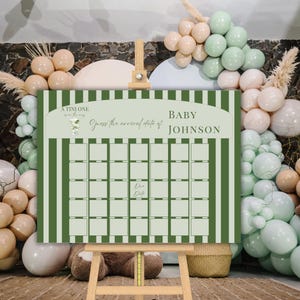 Póster del juego de fecha de parto para baby shower Tini ONE, Tiny One está en camino, decoración para baby shower de martini verde oliva, plantilla digital, lazo coqueto para fiesta