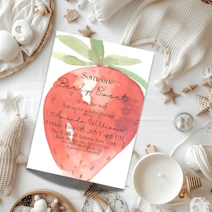 Aardbeienuitnodiging voor een zomers babyshowerfeestje, genderneutrale babyshoweruitnodigingen digitaal, Berry Sweet babyshoweruitnodiging