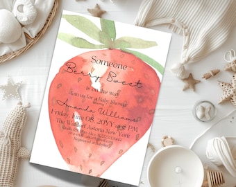 Strawberry Invitation for a Summer Baby Shower Party, Gender Neutral Baby Shower Invitations Digital, Berry Sweet Baby Shower Invite