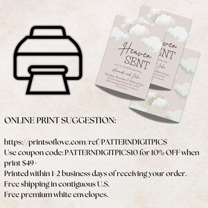 May include: Three light pink wedding invitations with cloud illustrations and the words "Heaven Sent". The invitations include event details. A black printer icon is in the upper left corner.
