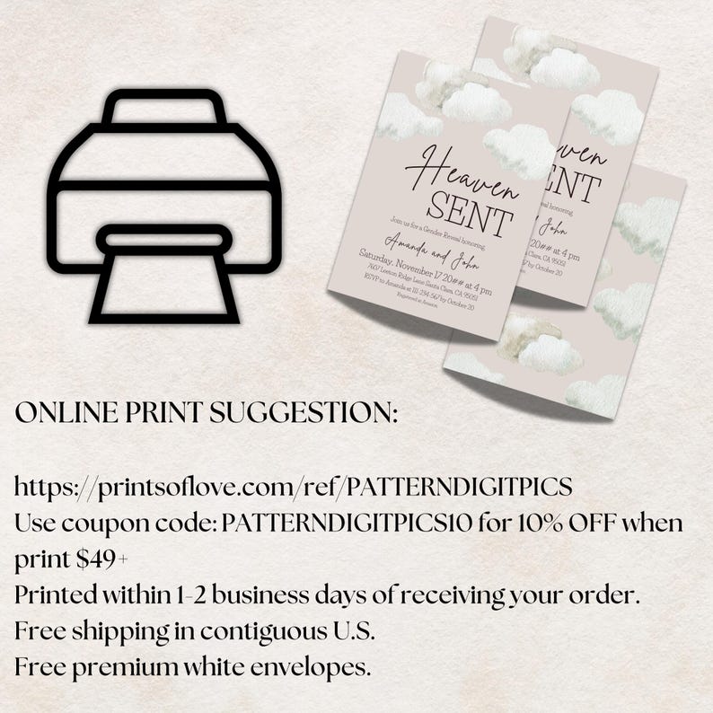 May include: Three light pink wedding invitations with cloud illustrations and the words "Heaven Sent". The invitations include event details. A black printer icon is in the upper left corner.