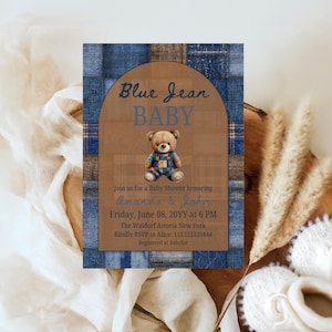 May include: A baby shower invitation with a denim and woodgrain design. The text "Blue Jean BABY" is displayed above a teddy bear illustration. Details include the names Amanda & John, date, time, location, and RSVP information.