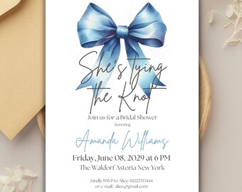 She's Tying the Knot Bridal Shower Invitation Template | Editable Ribbon Blue Bow Bridal Shower Invite Something Blue Wedding Shower Theme