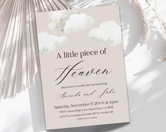 Heaven Sent Gender Reveal Invitation Digital He or She Gender Reveal Invite Template Neutral Beige Gender Reveal Party Sky and Cloud Theme