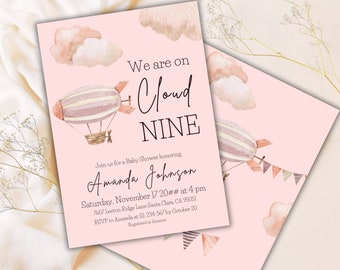 Cloud Nine Girl Baby Shower Invitation Template Canva Dreamy We're on Cloud 9 Pink Baby Shower Invite Card Heaven Sent Invitation Digital