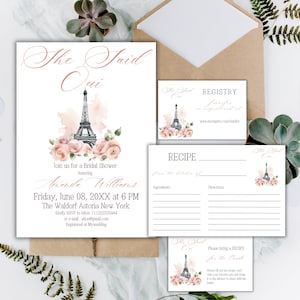 Lot d'invitations florales pour la douche nuptiale à Paris, modèle d'invitation sur le thème parisienne She Said Oui, carte de recette et registre Ooh La La imprimable