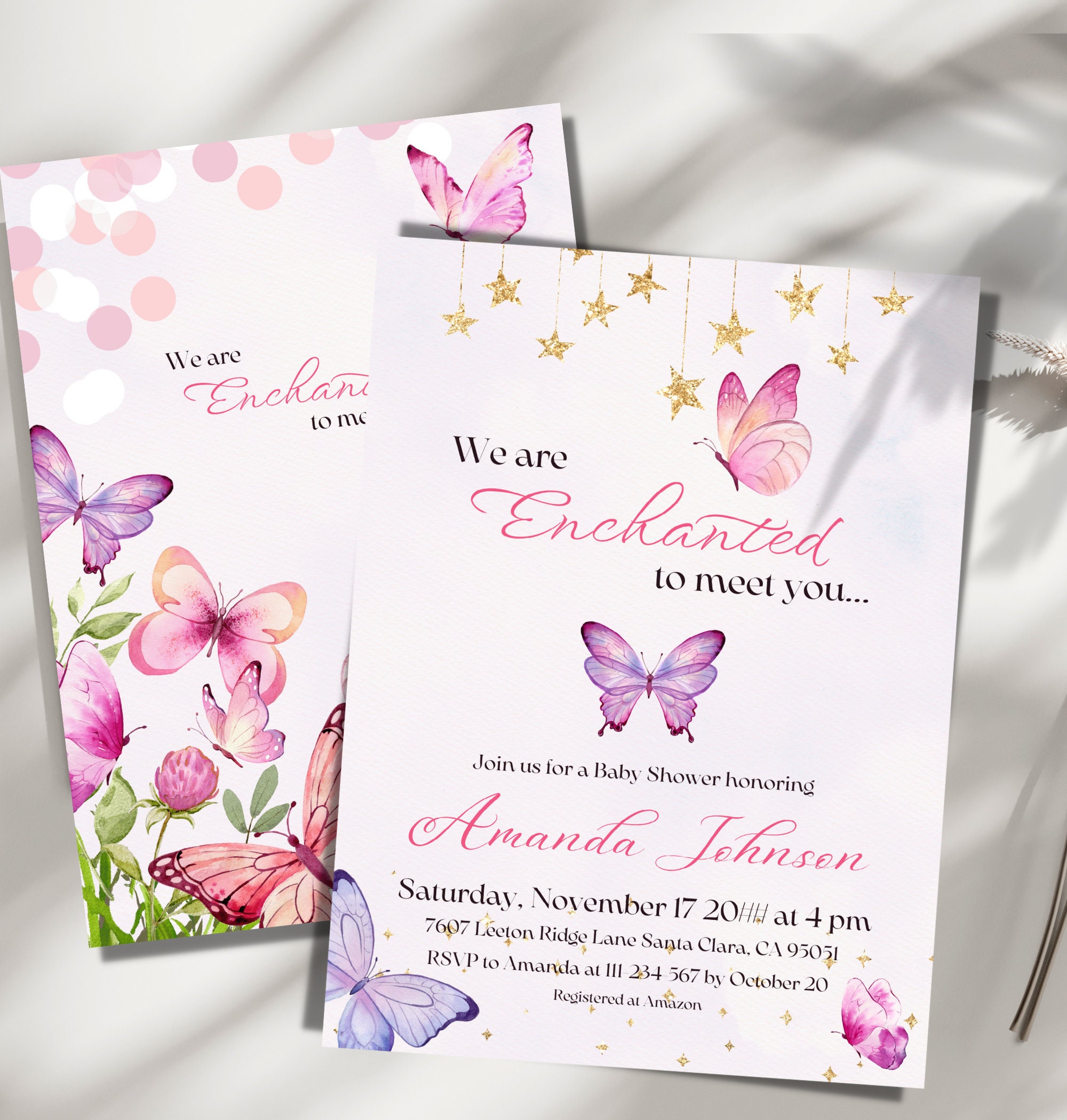 We Are Enchanted To Meet You Baby Shower Invite Editable Canva Template Girl Baby Shower Butterfly Invitation Instant Download