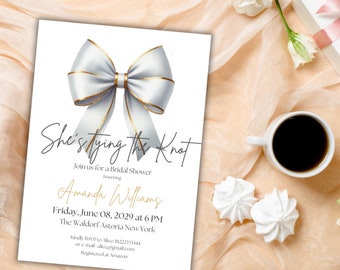 White Bow Bridal Shower Invitation Digital Template for She's Tying the Knot Bridal Shower Brunch, Elegant Bridal Shower Invite