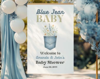 Pocket Denim Baby Shower Welcome Sing Boy Western Theme Party Template Blue Jean Baby Shower Sign Digital Baby Clothes Floral Decor