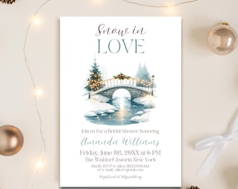 Puede incluir: Una invitación a una despedida de soltera con temática invernal con un puente nevado y el texto "Snow in Love" en letra cursiva. La invitación incluye el nombre de la novia, la fecha, la hora y el lugar.