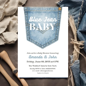Blau Jeans-Baby-Dusche-Einladung Junge Western Thema Party Vorlage Tasche Jeans-Babyparty-Einladung Digitale Baby-Kleidung-Denim-Einladungskarte