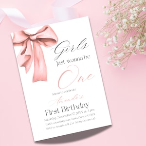 Pink Bow 1st Birthday Invite Girls Just Wanna be ONE First Birthday Invitation Digital Watercolor Blush Pink Bow Editable Canva Template