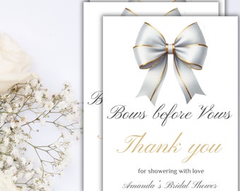 Bows before Vows Bridal Shower Favor Decor | She's Tying the Knot Editable Template Ribbon Gold White Bow Bridal Shower Thank you Card