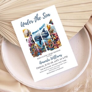 Unter dem Meer-Babyparty-Einladungs-Jungen-blaue nautische Dusche laden ein Digitale Vorlage Ozean-Korallenriff-Delphin Brushstroke-Thema