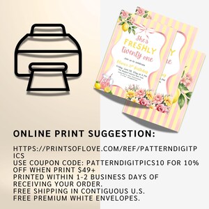 May include: Two rectangular birthday invitation cards featuring a yellow and white striped background, pink floral accents, and lemon illustrations. The text reads She's FRESHLY twenty one, Join us to celebrate, Olivia's 21st Birthday, Friday, June 08.