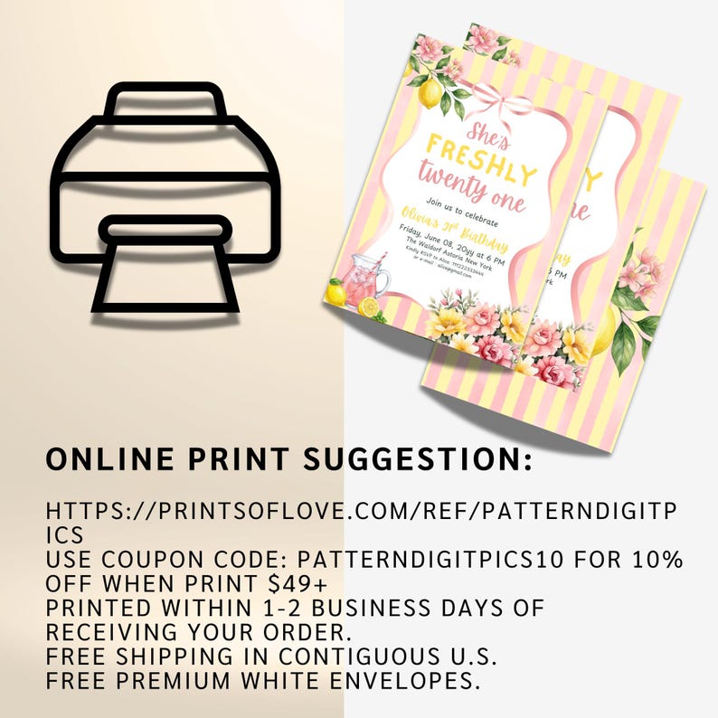 May include: Two rectangular birthday invitation cards featuring a yellow and white striped background, pink floral accents, and lemon illustrations. The text reads She's FRESHLY twenty one, Join us to celebrate, Olivia's 21st Birthday, Friday, June 08.
