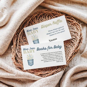 Pocket denim babyshower luier loterij kaart jongen bloemen western thema feestspel sjabloon blauw jeans babyshower boek digitale activiteit aanvragen