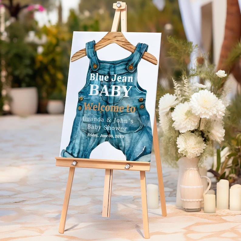 Blue Jean Baby Shower Welcome Sign Template Editable Canva Denim Baby ...