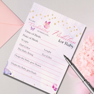 Estamos encantados de conocerte Tarjeta de predicción del juego de baby shower, Plantilla Canva Juegos de baby shower para niñas, Tarjeta de actividad de mariposa púrpura