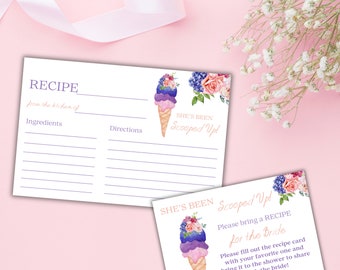 Ice Cream Floral Bridal Shower Recipe Card She's Been Scooped Up Party Digital Template