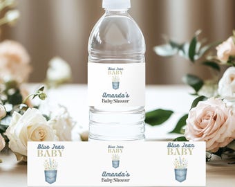 Pocket Denim Baby Shower Water Bottle Label Blue Jean Boy Western Party Decor Editable Canva Template