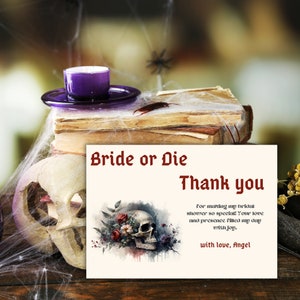 Braut oder Die Brautdusche Dankeskarte, Halloween-schwarzer Schädel-Blumenparty-Thema, bis der Tod uns Party-Einschließungskarte macht