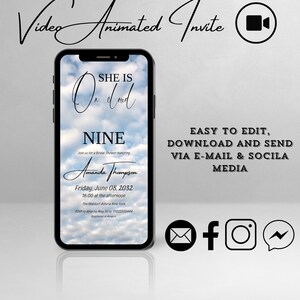 May include: A blue and white animated video invitation for a bridal shower. The invitation features a cloudy sky background with the text "SHE IS On Cloud NINE" and the name "Amanda Thompson". The invitation also includes the date and time of the shower, the location, and RSVP information.