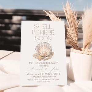 A Little Pearl Baby Shower Invitation Digital Coastal Girl Shower Invite Shell Be Here Soon