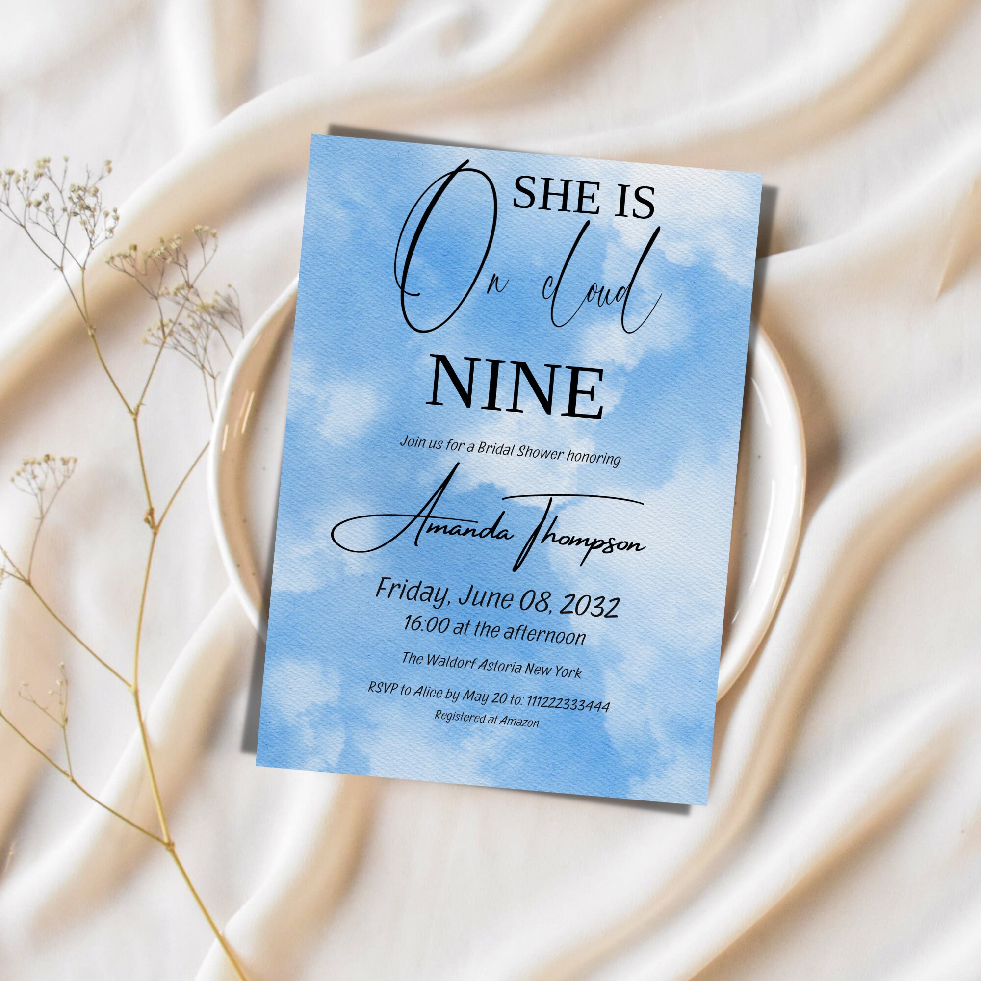 Cloud 9 Bridal Shower Invitation Editable Template for a Blue Bridal Shower Invite, Bride on Cloud Nine Wedding Shower Sky Themed Ideas