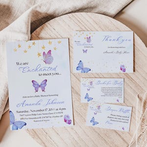 Lot d'invitations enchantées pour baby shower, modèle de toile numérique pour garçon, jeu de baby shower, ticket de tombola et carte de remerciement papillon bleu