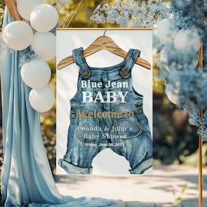 Blau Jean Baby Shower Willkommen Schild Junge Western Motto Party Vorlage Wäscheleine Baby Shower Zeichen Digitale Baby Kleidung Denim Party Decor