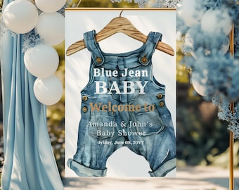 Blue Jean Baby Shower Welcome Sign Boy Western Themed Party Template Clothesline Baby Shower Signs Digital Baby Clothes Denim Party Decor